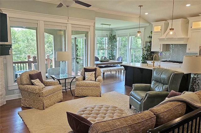420 NW Kaylea Ct, Lees Summit, MO 64081 - living room featuring plenty of natural light, crown molding, dark wood-type flooring, ceiling fan, and recessed lighting