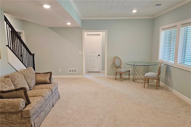 420 NW Kaylea Ct, Lees Summit, MO 64081 - carpeted living area with recessed lighting, crown molding, and stairway