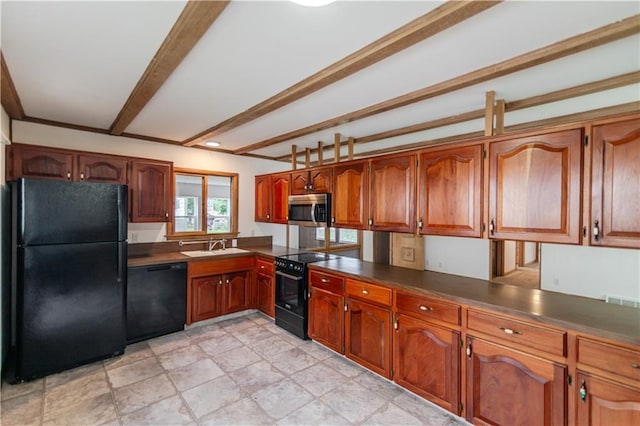 717 Y St, Atchison, KS 66002 - kitchen featuring black appliances, dark countertops, beam ceiling, brown cabinets, and a sink