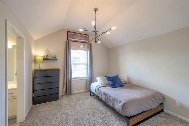 bedroom with vaulted ceiling, a chandelier, light carpet, and baseboards