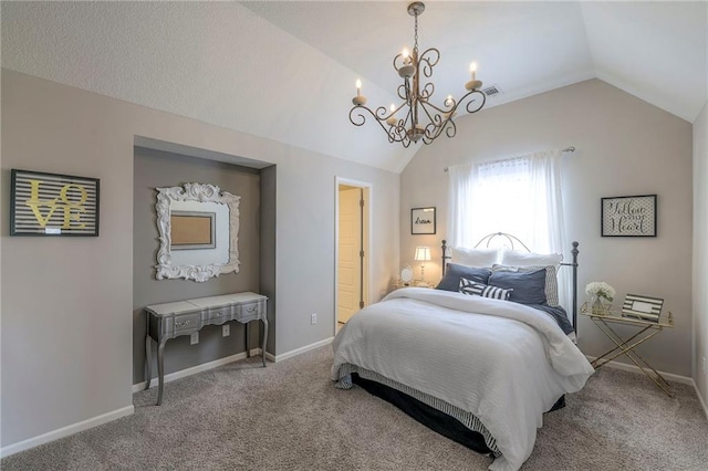 carpeted bedroom with vaulted ceiling, a notable chandelier, baseboards, and visible vents