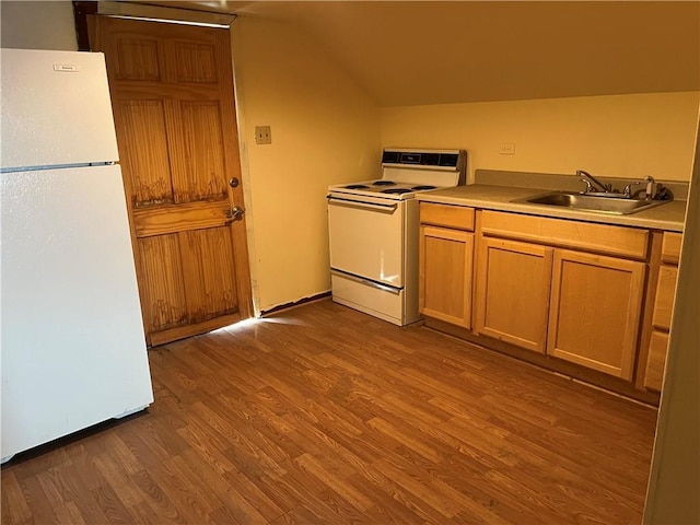 kitchen with lofted ceiling, white appliances, a sink, wood finished floors, and light countertops