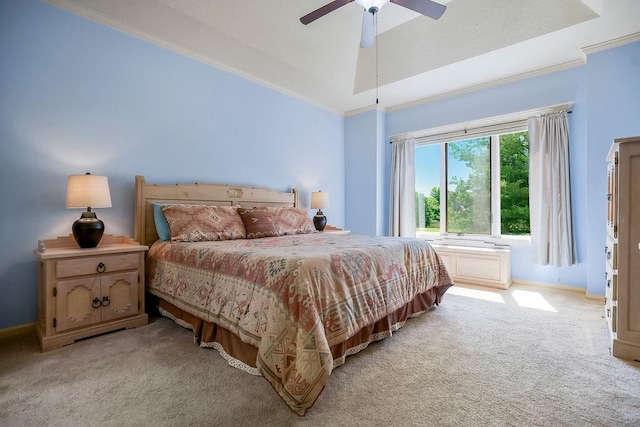 21287 W 116th St, Olathe, KS 66061 - bedroom featuring light carpet, lofted ceiling, ornamental molding, baseboards, and ceiling fan