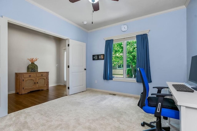 21287 W 116th St, Olathe, KS 66061 - carpeted office space with ceiling fan, ornamental molding, and baseboards