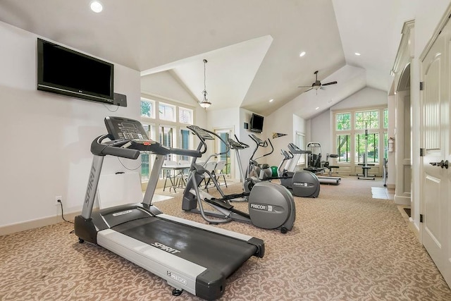 21287 W 116th St, Olathe, KS 66061 - workout area featuring lofted ceiling, carpet, ceiling fan, baseboards, and recessed lighting