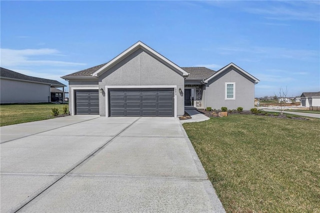 18804 Redbud Ln, Spring Hill, KS 66083 - ranch-style home with an attached garage, concrete driveway, a front yard, and stucco siding