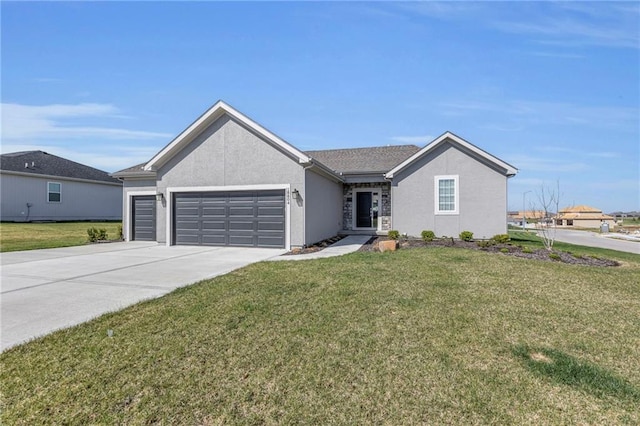18804 Redbud Ln, Spring Hill, KS 66083 - ranch-style home with a garage, a front lawn, stucco siding, and concrete driveway