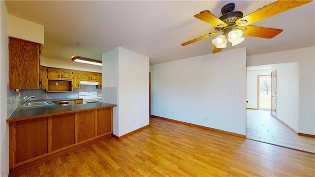 kitchen featuring light wood-type flooring, electric range, under cabinet range hood, and a sink