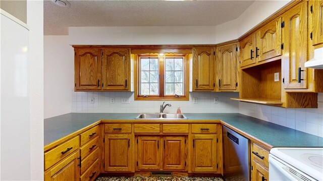 kitchen featuring brown cabinets, dishwasher, and a sink