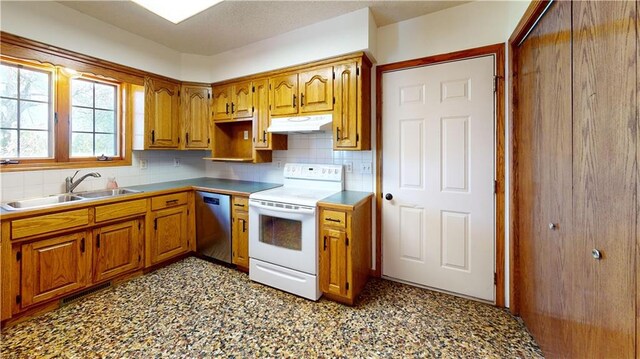 kitchen featuring a sink, tasteful backsplash, dishwasher, under cabinet range hood, and white range with electric cooktop