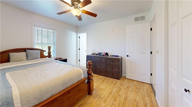 bedroom with visible vents, ceiling fan, and light wood-style floors