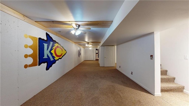 hallway featuring stairway and carpet