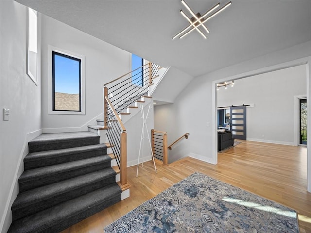 interior space featuring baseboards, a barn door, and wood finished floors