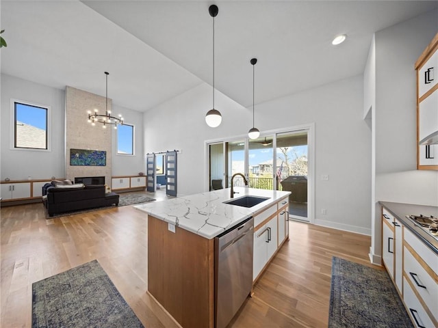 kitchen featuring appliances with stainless steel finishes, a wealth of natural light, a sink, and light wood-style flooring