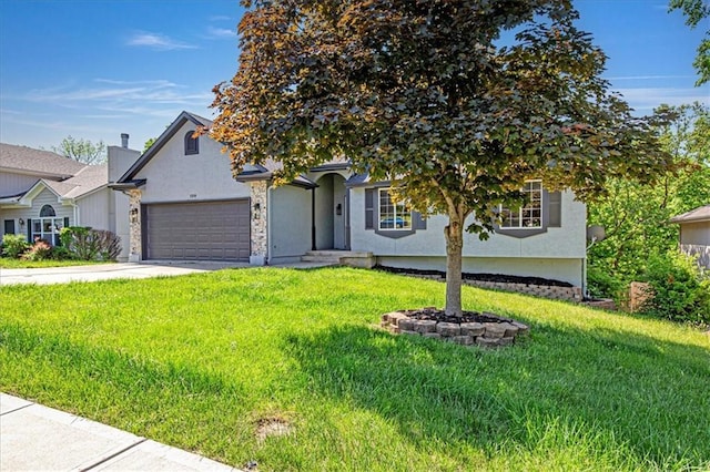 120 NW Whitlock Dr, Lees Summit, MO 64081 - view of front of property with stucco siding, an attached garage, a front yard, and driveway