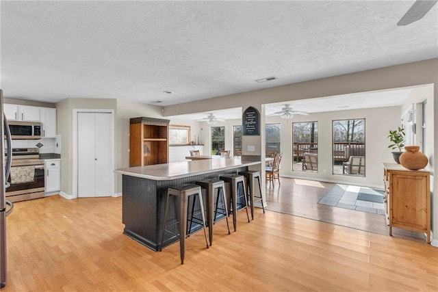 24101 S State Route K, Pleasant Hill, MO 64080 - kitchen featuring stainless steel appliances, ceiling fan, light wood-style flooring, a textured ceiling, and a kitchen breakfast bar