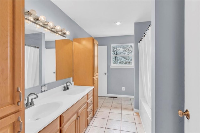 24101 S State Route K, Pleasant Hill, MO 64080 - full bath featuring tile patterned flooring, double vanity, a shower with shower curtain, and baseboards
