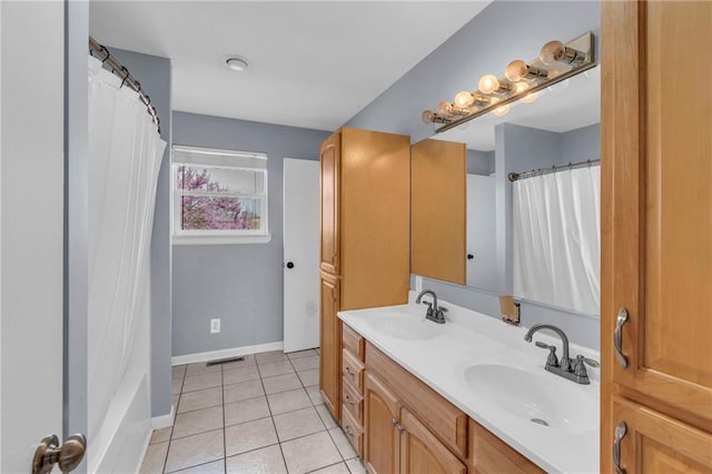 24101 S State Route K, Pleasant Hill, MO 64080 - bathroom with tile patterned flooring, double vanity, baseboards, and curtained shower