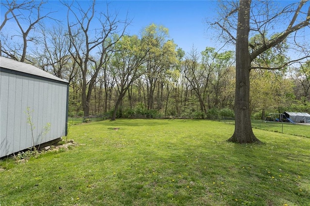view of yard featuring an outdoor structure and a storage shed