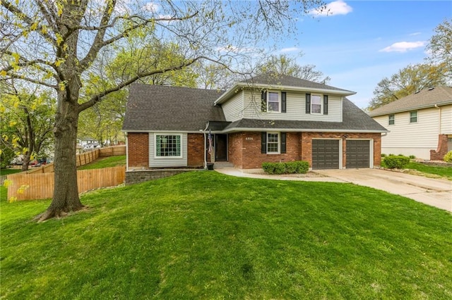 6806 N Euclid Ave, Kansas City, MO 64119 - traditional-style home with fence, brick siding, a garage, a front yard, and concrete driveway