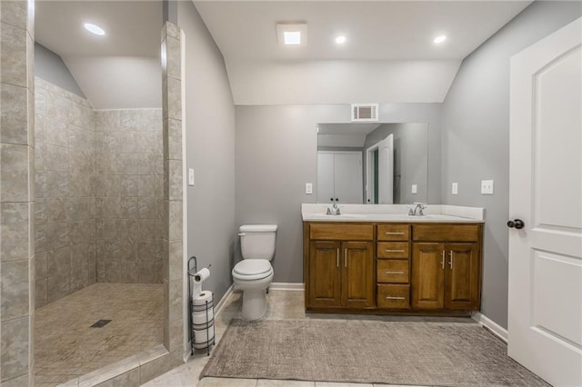 6806 N Euclid Ave, Kansas City, MO 64119 - bathroom featuring visible vents, walk in shower, a sink, toilet, and lofted ceiling
