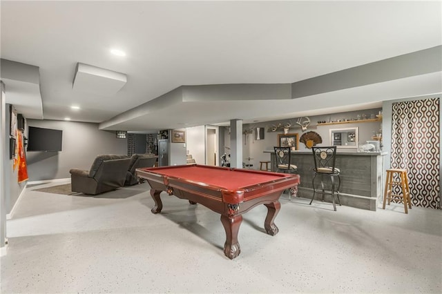 6806 N Euclid Ave, Kansas City, MO 64119 - game room with a bar, baseboards, speckled floor, and pool table