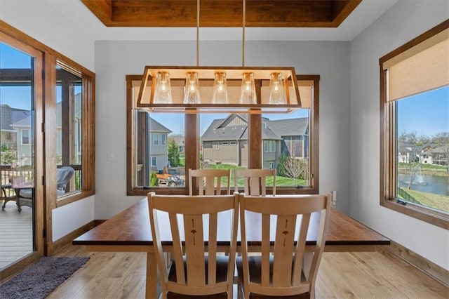 dining room with wood finished floors, baseboards, and a water view