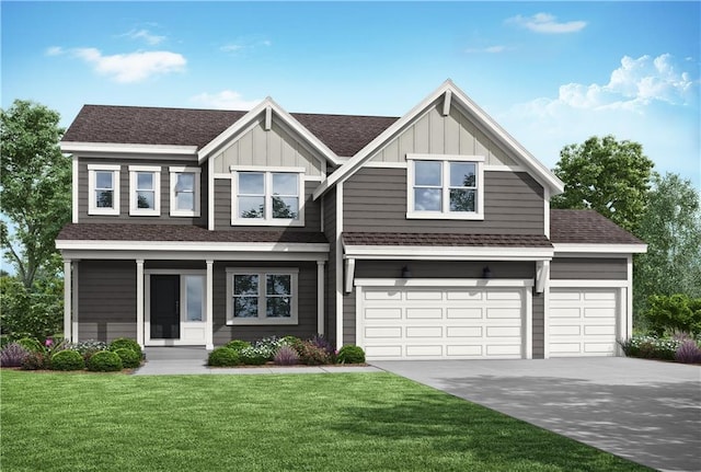 view of front facade with a shingled roof, board and batten siding, driveway, and a front yard