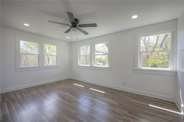 1607 E 37th St, Kansas City, MO 64109 - empty room featuring baseboards, dark wood-style floors, recessed lighting, and ceiling fan
