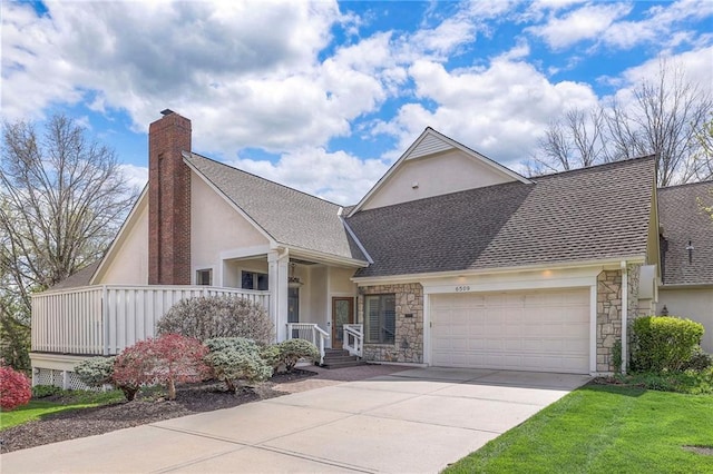 view of front of property featuring an attached garage, stone siding, concrete driveway, stucco siding, and roof with shingles