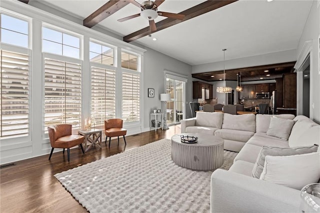4513 NE Parks Summit Ter, Lees Summit, MO 64064 - living room with beamed ceiling, ceiling fan, visible vents, recessed lighting, and dark wood-style flooring
