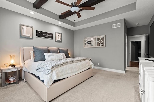 4513 NE Parks Summit Ter, Lees Summit, MO 64064 - bedroom featuring visible vents, baseboards, a raised ceiling, recessed lighting, and light carpet