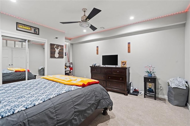 4513 NE Parks Summit Ter, Lees Summit, MO 64064 - carpeted bedroom featuring recessed lighting, visible vents, a closet, and a ceiling fan