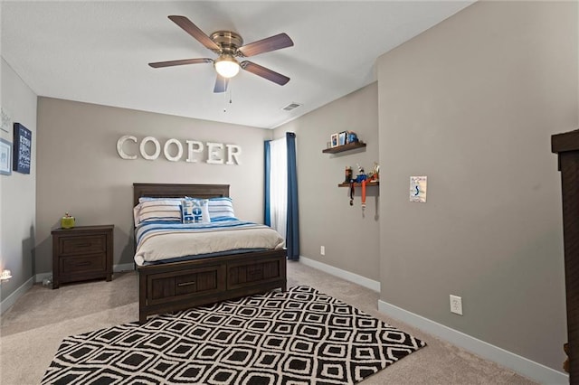 4513 NE Parks Summit Ter, Lees Summit, MO 64064 - bedroom with visible vents, light colored carpet, baseboards, and ceiling fan