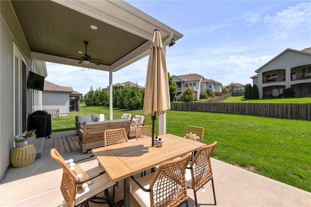 4513 NE Parks Summit Ter, Lees Summit, MO 64064 - view of patio / terrace with ceiling fan, a residential view, outdoor dining area, and outdoor lounge area
