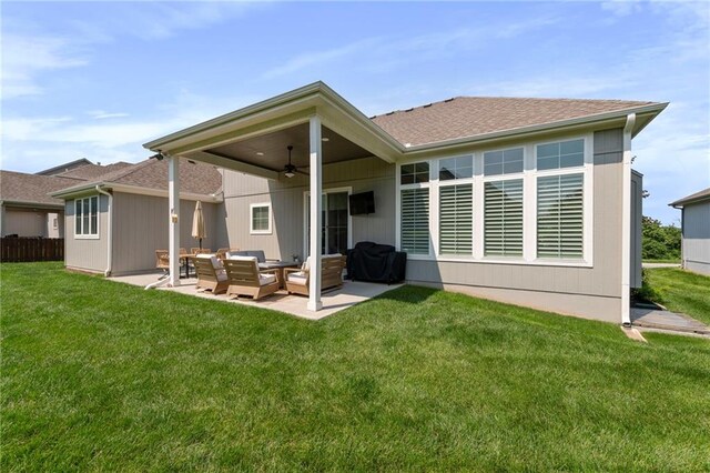 4513 NE Parks Summit Ter, Lees Summit, MO 64064 - back of property with an outdoor living space, a ceiling fan, a patio area, and a shingled roof