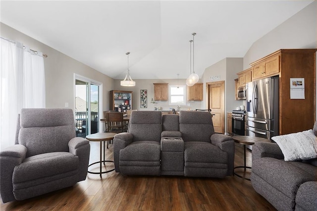 living area featuring dark wood-type flooring, vaulted ceiling, and a wealth of natural light
