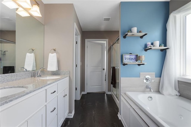 full bath with a sink, visible vents, a stall shower, and a tub with jets
