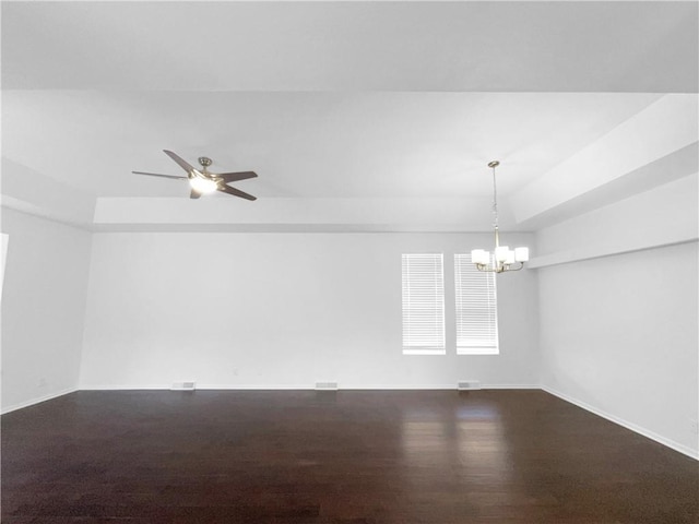 12207 N Pomona Ave, Kansas City, MO 64163 - empty room featuring ceiling fan with notable chandelier, baseboards, and visible vents