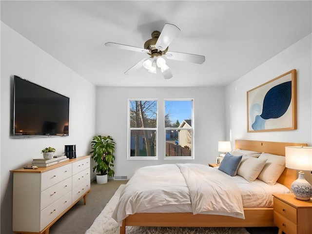12207 N Pomona Ave, Kansas City, MO 64163 - bedroom featuring carpet floors, a ceiling fan, and visible vents