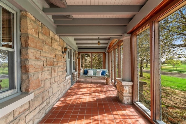 6721 Santa Fe Dr, Overland Park, KS 66204 - interior space featuring tile patterned flooring and beamed ceiling