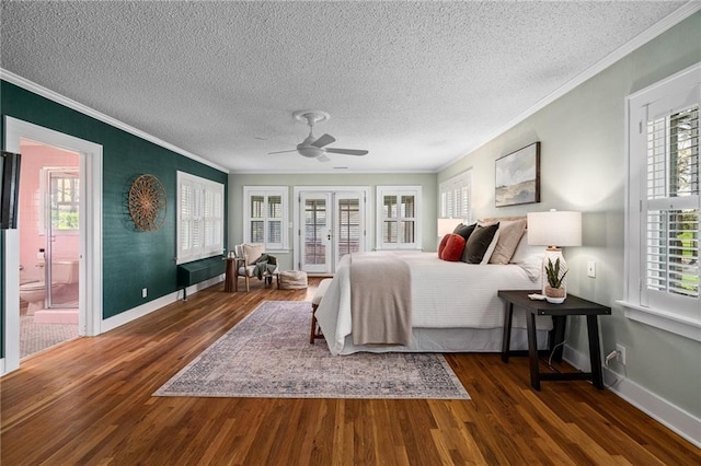 6721 Santa Fe Dr, Overland Park, KS 66204 - bedroom featuring baseboards, ornamental molding, a ceiling fan, a textured ceiling, and wood finished floors