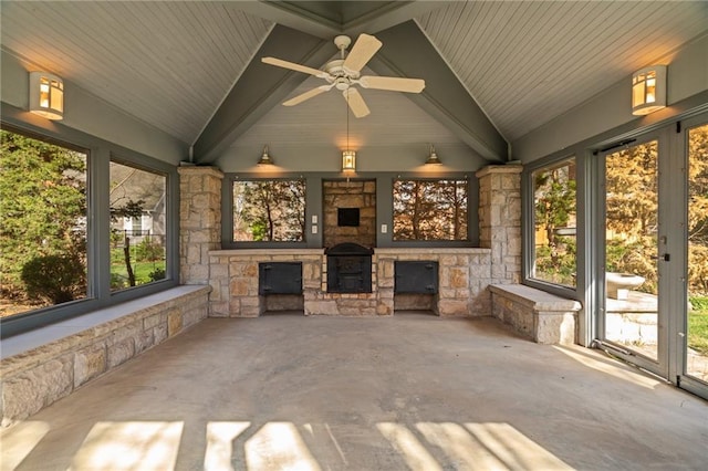 6721 Santa Fe Dr, Overland Park, KS 66204 - unfurnished sunroom featuring wooden ceiling, a ceiling fan, and lofted ceiling with beams
