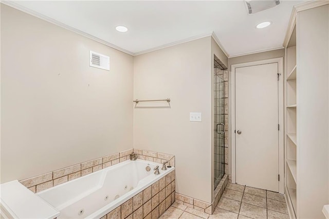 3600 W 48th St, Roeland Park, KS 66205 - full bathroom featuring a whirlpool tub, a stall shower, crown molding, recessed lighting, and tile patterned flooring