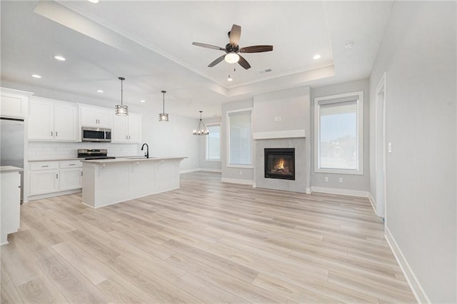 19703 W 196th St, Spring Hill, KS 66083 - kitchen with stainless steel appliances, a tray ceiling, tasteful backsplash, open floor plan, and a kitchen breakfast bar