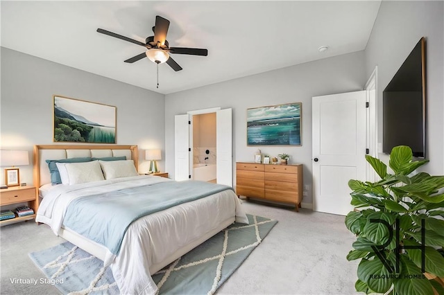 19703 W 196th St, Spring Hill, KS 66083 - bedroom with light colored carpet, a ceiling fan, and ensuite bathroom