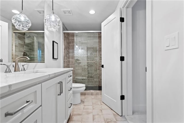 full bath featuring vanity, visible vents, recessed lighting, marble finish floor, and a stall shower