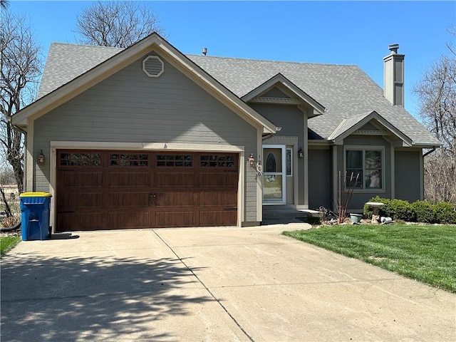 1200 Susan St, Kearney, MO 64060 - view of front facade with an attached garage, a shingled roof, driveway, a chimney, and a front lawn
