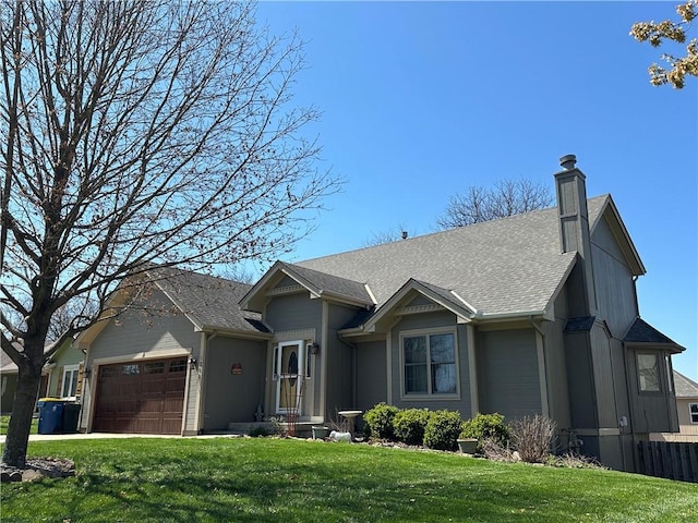1200 Susan St, Kearney, MO 64060 - ranch-style house with an attached garage, a front lawn, a chimney, and roof with shingles