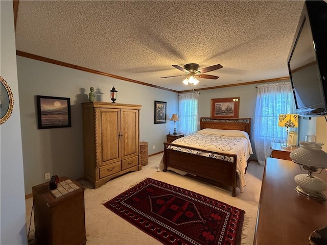 1200 Susan St, Kearney, MO 64060 - bedroom with crown molding, light carpet, a textured ceiling, and a ceiling fan